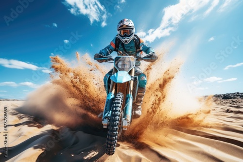Close-up view of beach motorcycle with sand flying in air. Dynamics. Beach sports. Summer tropical vacation concept.