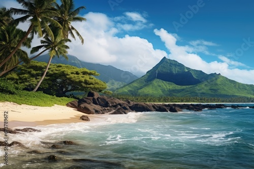 Beautiful seascape with island, sand beach and palm trees in tropical sea. © Joyce