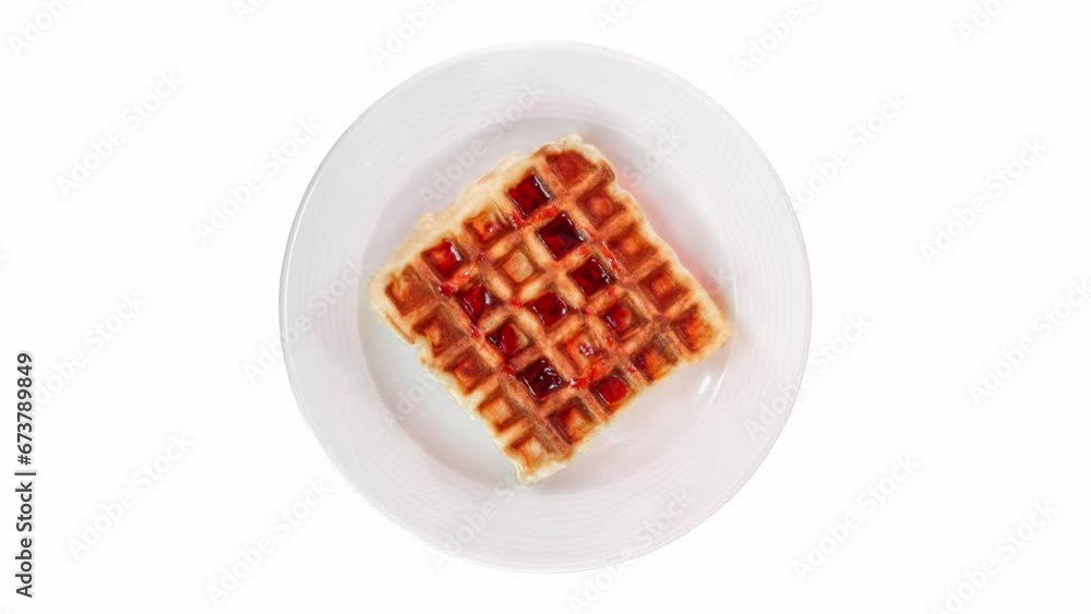 Belgian waffle with cherry jam on plate, rotating on white background, turning, top view
Belgian waffle with cherry jam on plate, rotating on white background, turning, top view