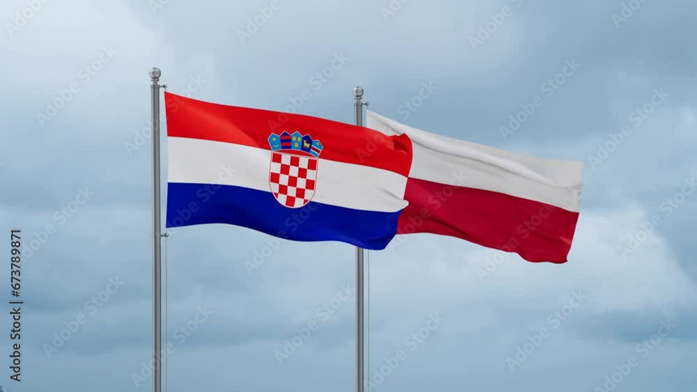 Poland and Croatia flag waving together on cloudy sky, endless seamless loop, two country cooperation concept Poland and Croatia flag waving together on cloudy sky, endless seamless loop, two country cooperation concept