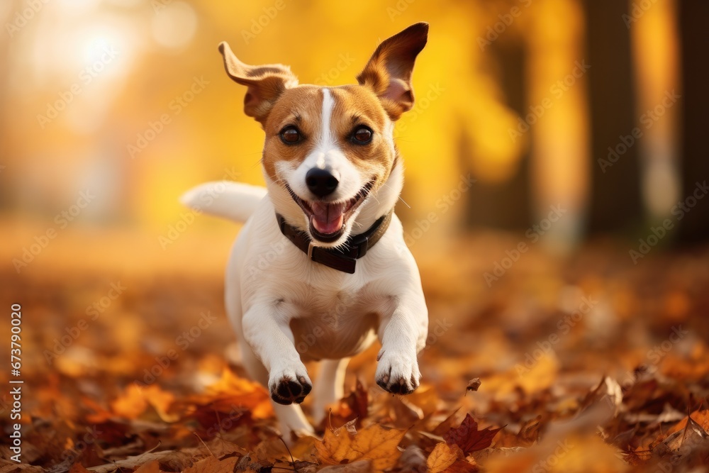 A Playful Pup Frolicking in Autumn Foliage