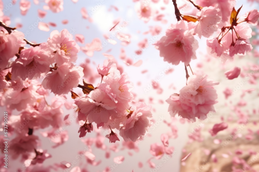 Close-up view of pink cherry blossom flower petal flying in air in Spring. Spring seasonal concept. Close-up view of pink cherry blossom flower petal flying in air in Spring. Spring seasonal concept.