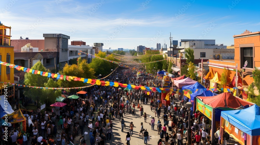 Obraz premium A panoramic wide shot of a vibrant joyful community festival. a street lined with colorful stalls. banners and lights hanging above. generative AI