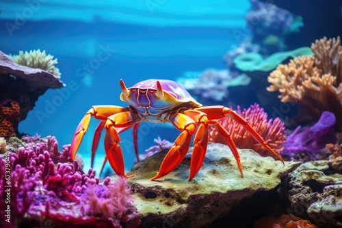 A crab swiming underwater in tropical ocean