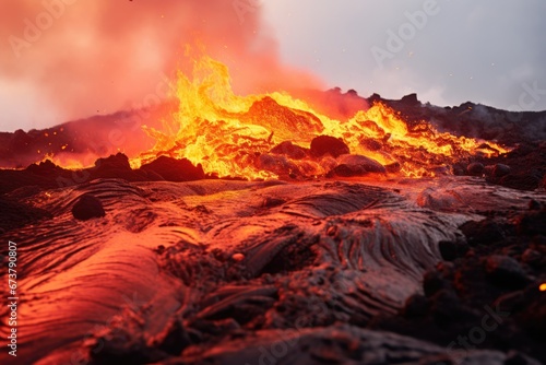 An erupting volcano with heavy smoke in sky. Outdoor adventure concept. © Joyce