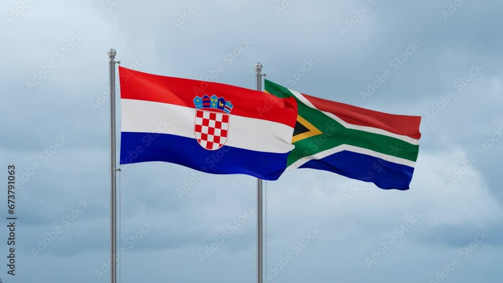 Republic of South Africa and Croatia flag waving together on cloudy sky, endless seamless loop, two country cooperation concept Republic of South Africa and Croatia flag waving together on cloudy sky, endless seamless loop, two country cooperation concept
