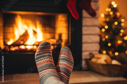 Feet in holiday socks in front of fireplace in a cozy holiday home. Winter holiday concept.