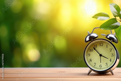 An alarm clock on a wood table top with beautiful green bokeh background. Spring seasonal concept. photo
