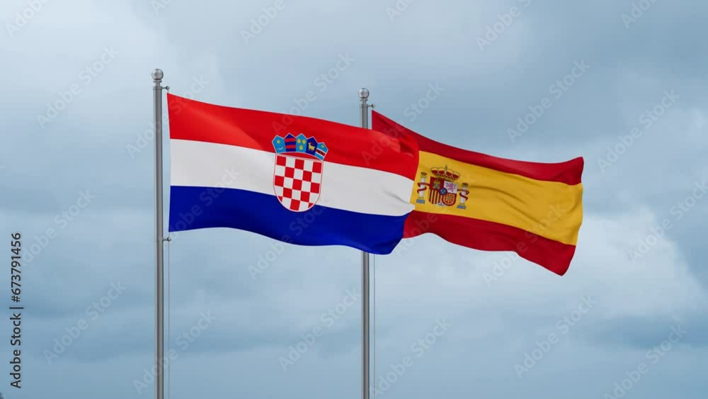 Spain and Croatia flag waving together on cloudy sky, endless seamless loop, two country cooperation concept Spain and Croatia flag waving together on cloudy sky, endless seamless loop, two country cooperation concept