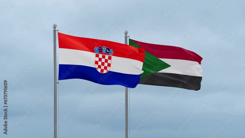 Sudan and Croatia flag waving together on cloudy sky, endless seamless loop, two country cooperation concept Sudan and Croatia flag waving together on cloudy sky, endless seamless loop, two country cooperation concept