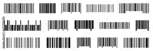 Bar code icon label for shop product. Universal product scan code. Bar code icon template. Black long barcode label photo