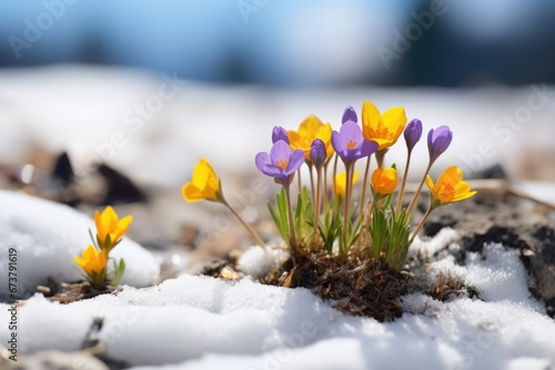 Wild flower growing out of snow with variable colors in early Spring. Spring seasonal concept. © Joyce