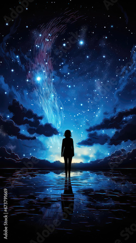 Silhouette of a woman standing on the water and looking at the starry sky