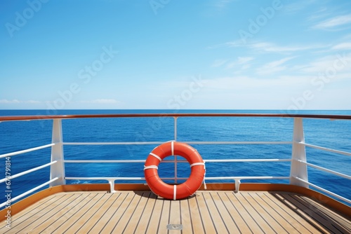 Luxury cruise ship deck view with red lifebuoy on fense in sea. Vacation travel concept. photo