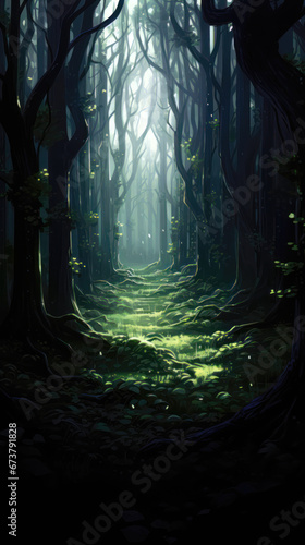 Mysterious dark forest with glowing tree trunks and green leaves