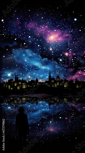 Night cityscape with silhouette of a man on the background of the night sky