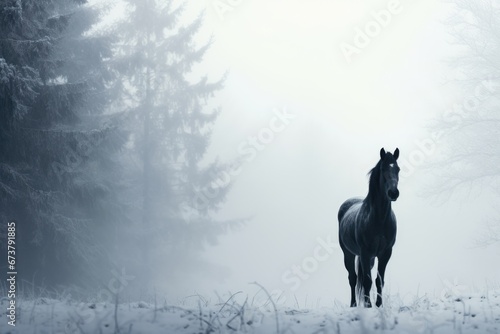 A horse stand in foggy winter woods with snow.
