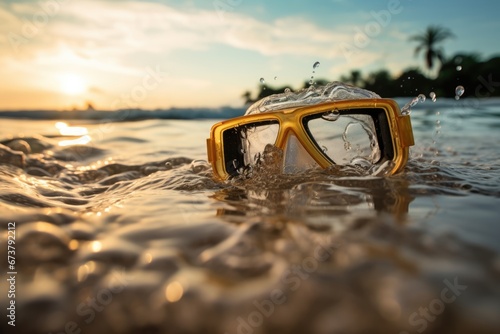 Close-up view of a snorkel mask with sunset sea water at sand beach. Summer tropical vacation concept.