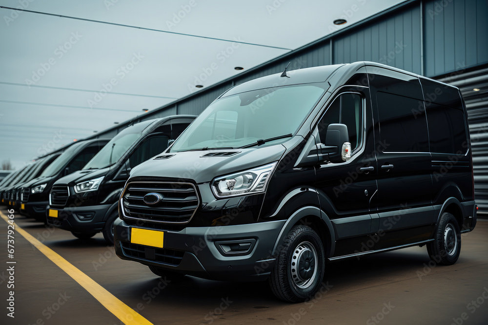 Black delivery vans in front of a warehouse. Black delivery vans in front of a warehouse.