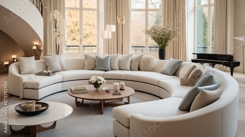 Elegant living room with curved sofa.