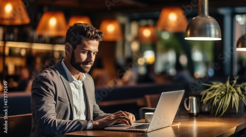 Entrepreneur is sitting sitting inside at cafe using laptop to conference online.