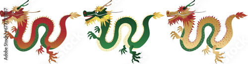 2024年賀状素材　龍のイラスト01　赤色　緑色　金色　3種