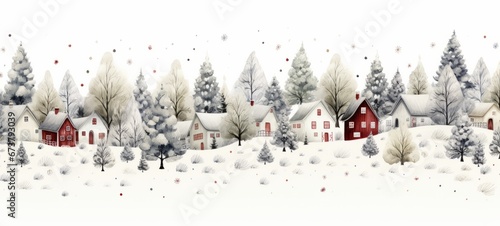 Winter town illustration. Christmas Winter holidays. Horizontal format for banners, posters, advertising, gift cards. AI generated.