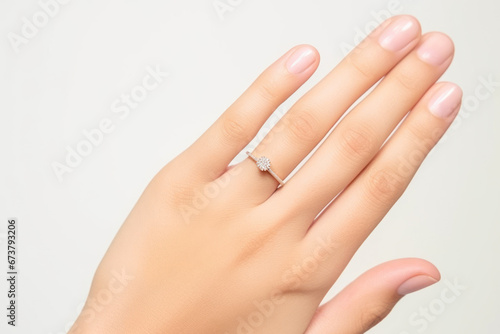 A diamond ring on a woman s hand. Congratulations with love and blessings. Eternal mementos and memories of life. Happiness concept suitable for gift or marriage proposal  marriage or engagement.