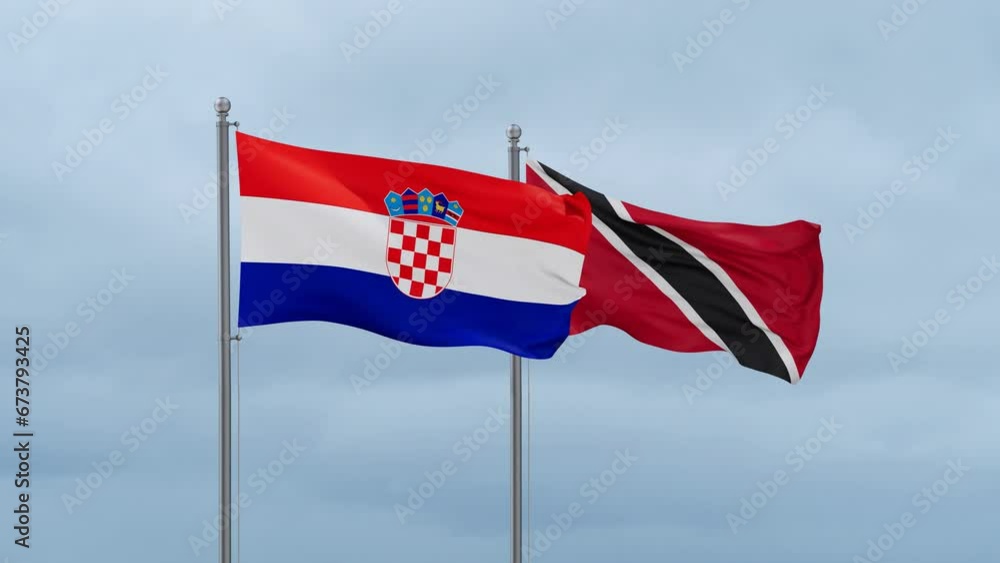 Trinidad and Tobago and Croatia flag waving together on cloudy sky, endless seamless loop, two country cooperation concept Trinidad and Tobago and Croatia flag waving together on cloudy sky, endless seamless loop, two country cooperation concept