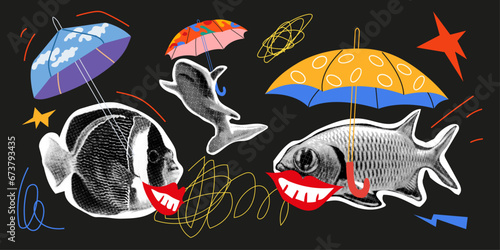 Collage design elements in trendy dotted pop art style. Retro halftone effect. Fishes with umbrellas. Vector isolated elements. Elements for banners, poster, social media.   photo