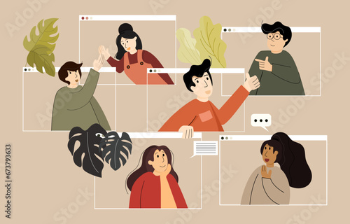 Teamwork communication online concept, people managing corporate business online, connecting together. Concept design of team and freelance online, and home office teamwork. Flat vector illustration.