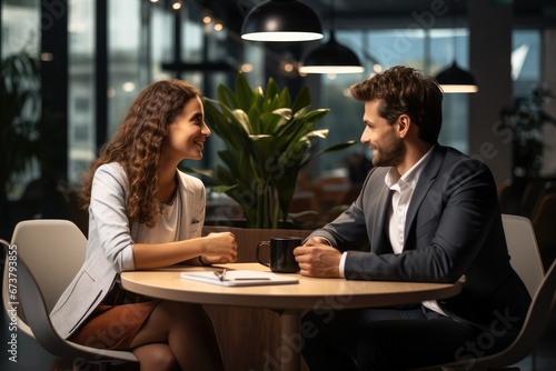 Two people talking at a desk, Business casual.