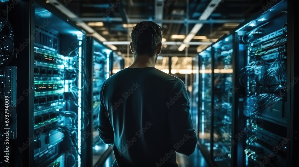 Data center worker doing working with new servers being deployed into server racks.