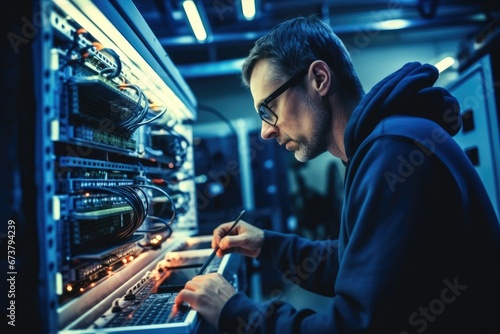 Data center worker doing maintenance of computer equipment. photo