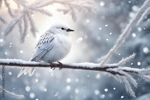 bird in snow, Bird rests on a snowy white stage a minimalist masterpiece,