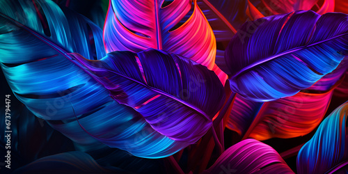 colorful background,Creative fluorescent color layout made of tropical leaves Flat lay neon colors ,A colorful leaf pattern is shown in a dark roomAI generated © Johnm