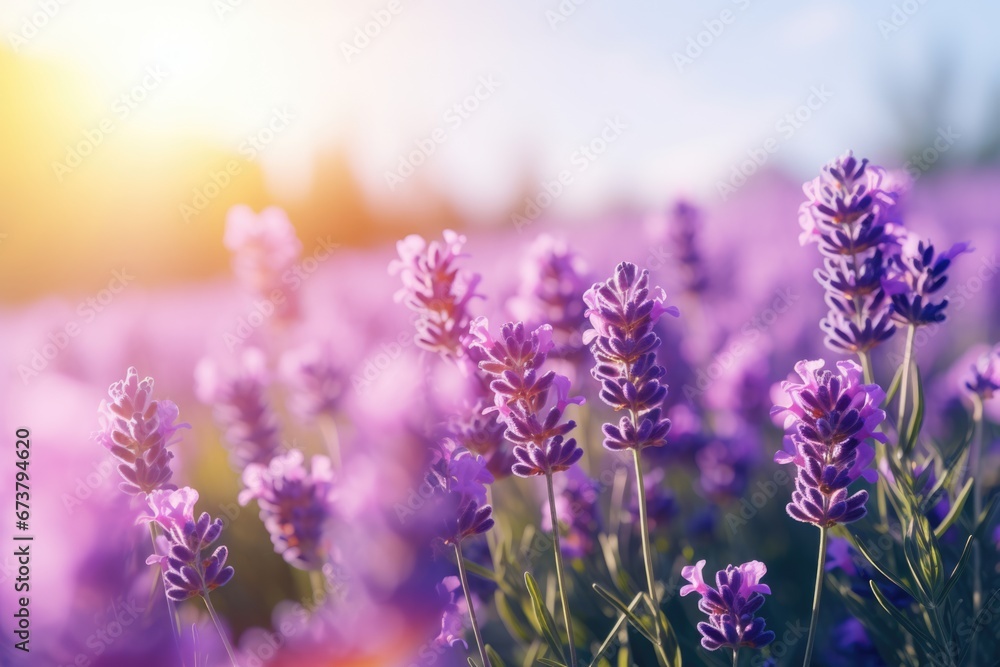Close-up view of purple lavender in field in Spring. Spring seasonal concept. Close-up view of purple lavender in field in Spring. Spring seasonal concept.