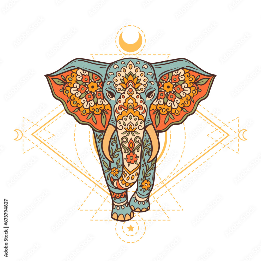 Fototapeta premium Elephant sacred geometry retro. Vector illustration. Flower Ethnic drawing. Elephante animal nature in Zen boho style. Hippie, eastern style