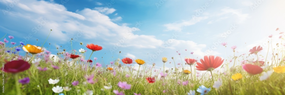 Wild flower field in wild with variable colors in Spring. Spring seasonal concept. Wild flower field in wild with variable colors in Spring. Spring seasonal concept.