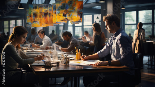 Corporates workers discussing business topics in a modern conference room photo