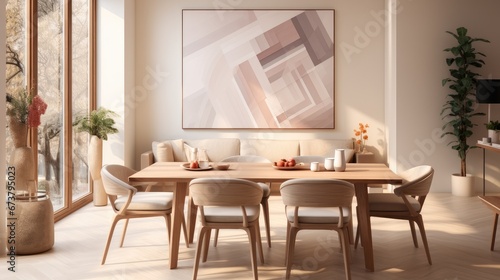Dining area in an apartment  Modern minimalist interior  Warm beige and pastel colored.
