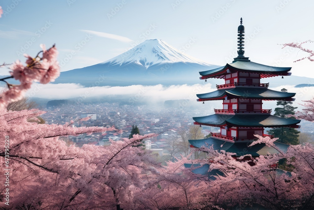 Mt Fuji and beautiful blooming cherry blossom woods with Japanese style temple building in Spring. Spring seasonal concept.