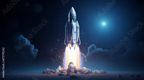 Rocket starting to fly. Suitable for use as a banner. Space shuttle. rocket launch