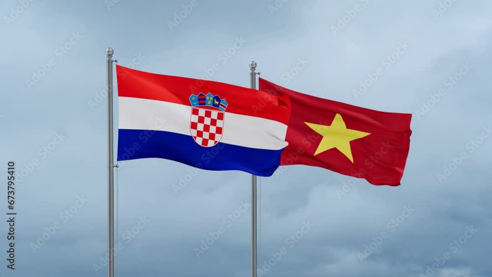 Vietnam and Croatia flag waving together on cloudy sky, endless seamless loop Vietnam and Croatia flag waving together on cloudy sky, endless seamless loop