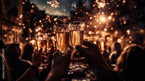 A people celebrating new years eve with drinks.