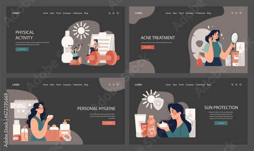 Acne treatment web banner or landing page dark or night mode set. Dermatology and cosmetology diagnosis. Healthy facial skin tips. Blackheads and pimples treatment process. Flat vector illustration