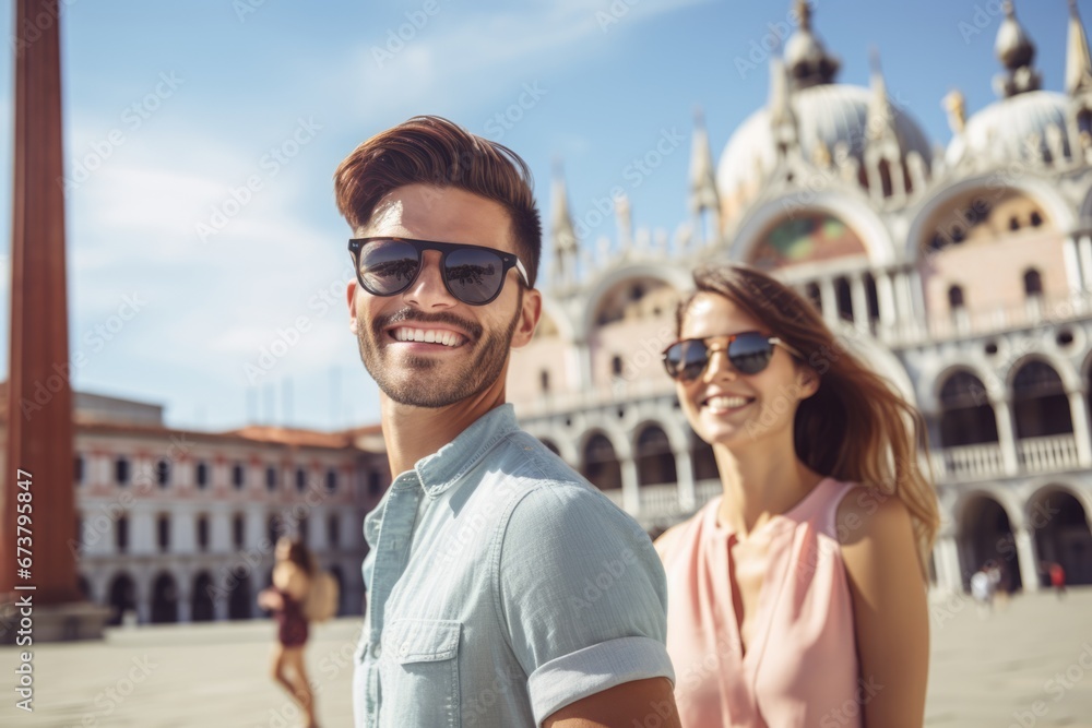 Portrait of a happy young couple travel in a historical city. Vacation travel concept.