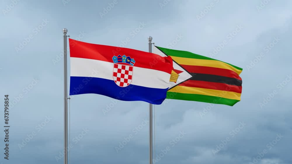 Zimbabwe and Croatia flag waving together on cloudy sky, endless seamless loop, two country cooperation concept Zimbabwe and Croatia flag waving together on cloudy sky, endless seamless loop, two country cooperation concept