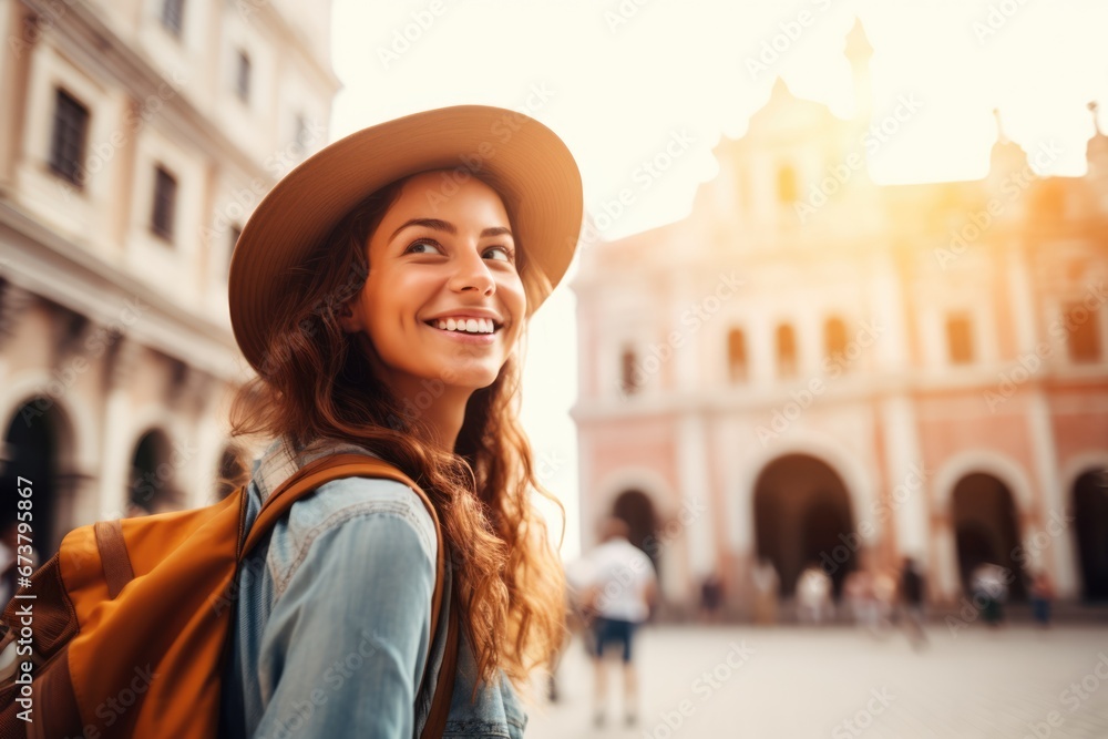 Portrait of a happy young girl travel in a historical city. Vacation travel concept. Portrait of a happy young girl travel in a historical city. Vacation travel concept.