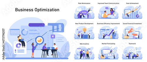 Business Optimization Set. Diverse professionals analyze data, mitigate risks, and communicate for efficiency. Web analytics insights. Financial investment decisions. Team collaboration. Flat vector.